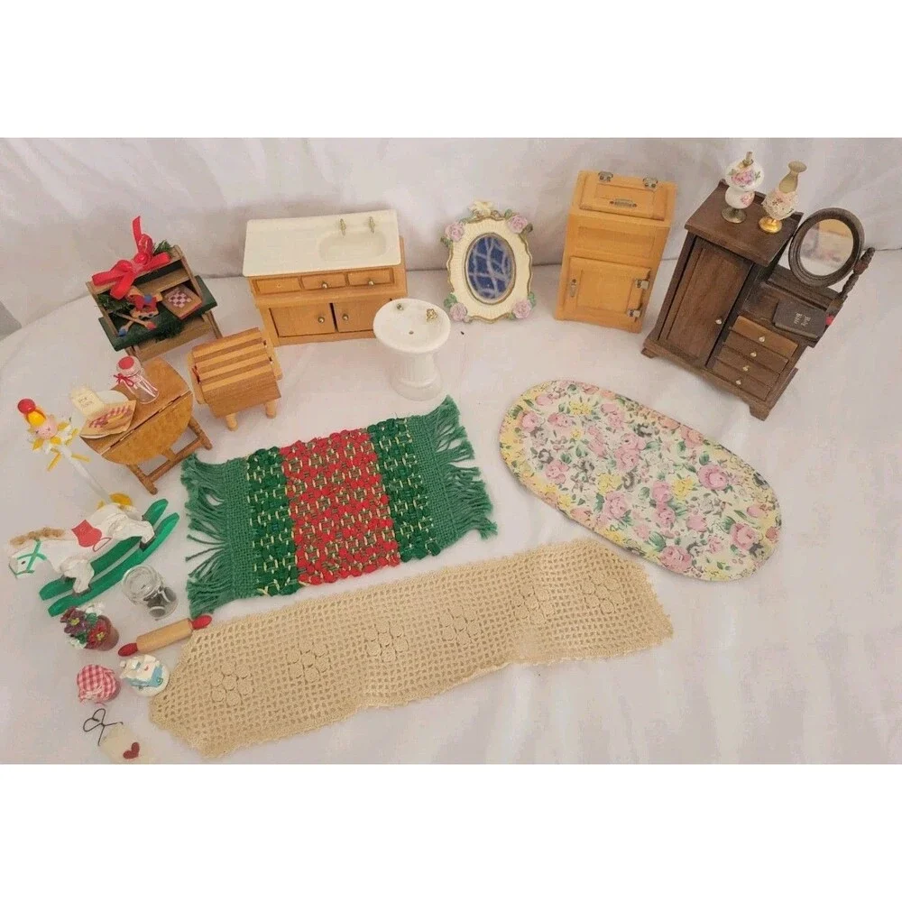 Vintage Dollhouse Miniature Furniture Lot Wooden Kitchen Bath Rugs Rocking Horse